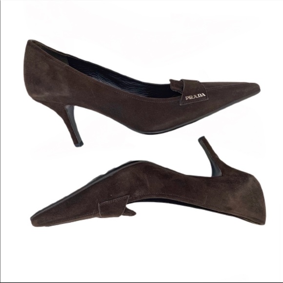 98. Prada NWT Brown Suede Square Pointed Toe Logo Pump 36 - Picture 8 of 9